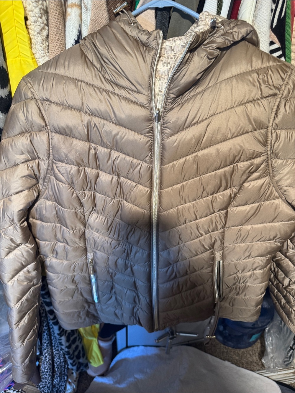 Michael Kors Taupe Quilted Hooded Puffer Jacket